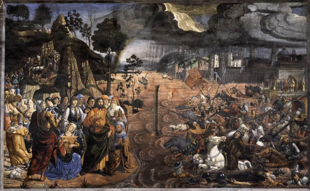 Crossing of the Red Sea, Cosimo Rosselli c.1481.  Note the incorporation of flood imagery.