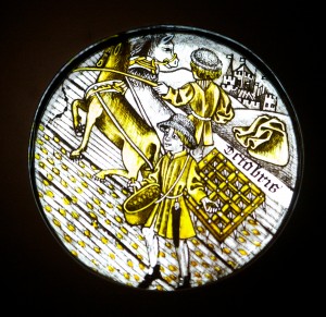 Labours of the Months: October, stained glass c. 1450 