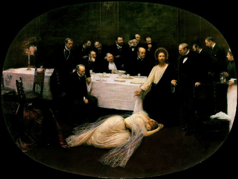 Magdalen at the House of the Pharisees, Jean Béraud, c. 1891 The painter put the scene in his own time and made it so vivid.  You can see the hypocritical judgement in their faces.