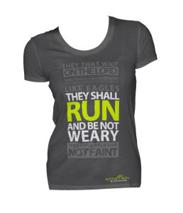 This shirt says " I am better than you because I run, and I like abusing scripture."