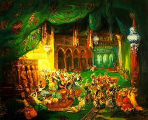 Scheherazade by Léon Bakst.  In the West we write Symphonies of stories and then paint paintings of them.