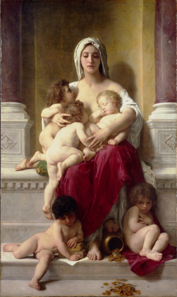 La Charite, William Adolphene Bouguereau.   charity (n.) mid-12c., "benevolence for the poor," from Old French charité "(Christian) charity, mercy, compassion; alms; charitable foundation" (12c., Old North French carité), from Latin caritatem (nominative caritas) "costliness, esteem, affection" (in Vulgate often used as translation of Greek agape "love" -- especially Christian love of fellow man -- perhaps to avoid the sexual suggestion of Latin amor), from carus "dear, valued," from PIE *karo-, from root *ka- "to like, desire" (see whore (n.)). 