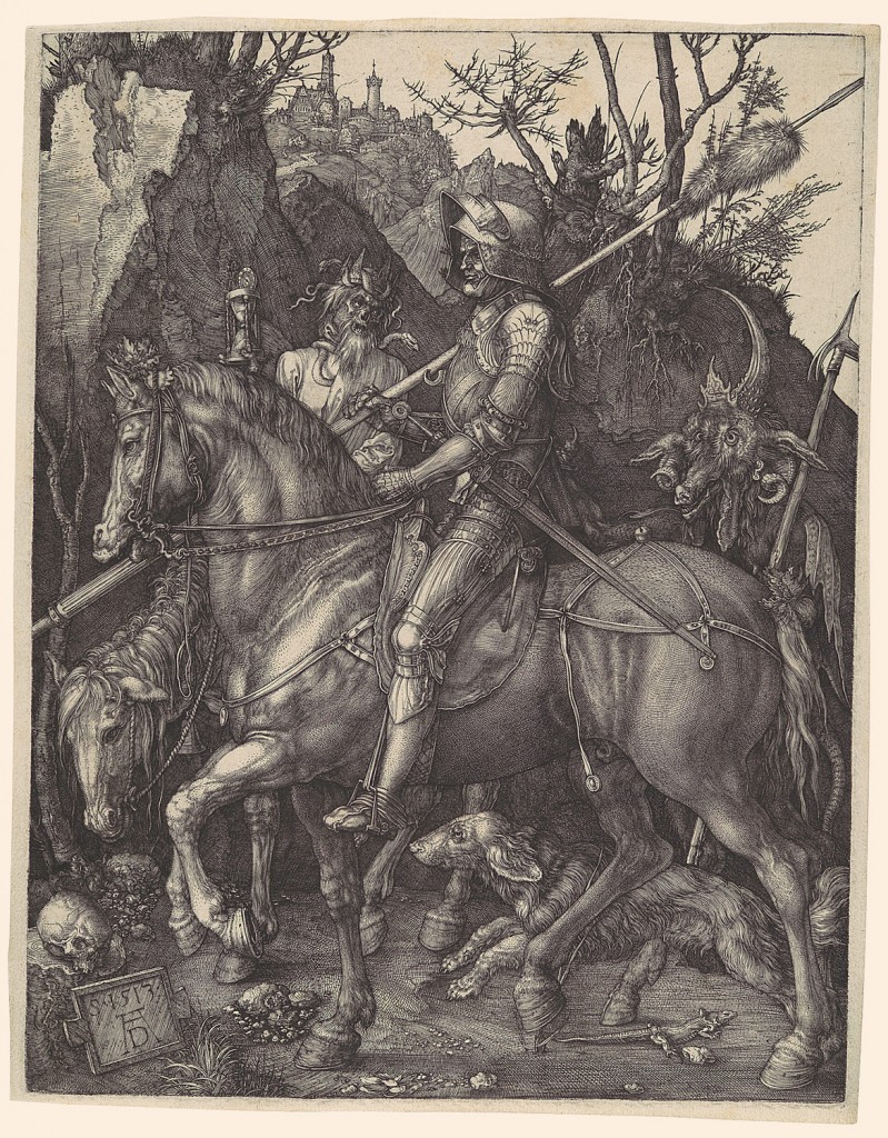 Knight, Death and the Devil, 1513 , Albrecht Dürer. "The ‘Christian knight’, a tireless warrior who cannot be deterred from his path by Death with an hourglass on an old nag, nor the Devil."