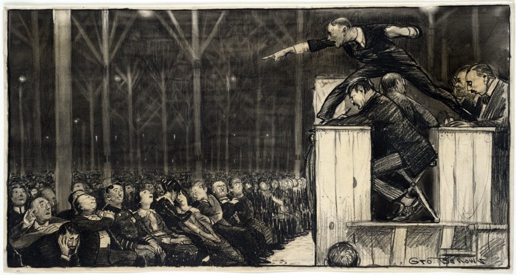 Billy Sunday preaches on March 15, 1915, in a temporary tabernacle erected on the site of the Central Library of the Free Library of Philadelphia. Illustration by George Bellows. Metropolitan Magazine, May 1915. Image courtesy of Boston Public Library/Creative Commons